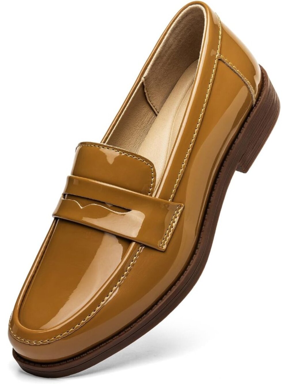 Women’s Brown Patent Comfortable Penny Loafers Slip On Casual Walking Flat Shoes
